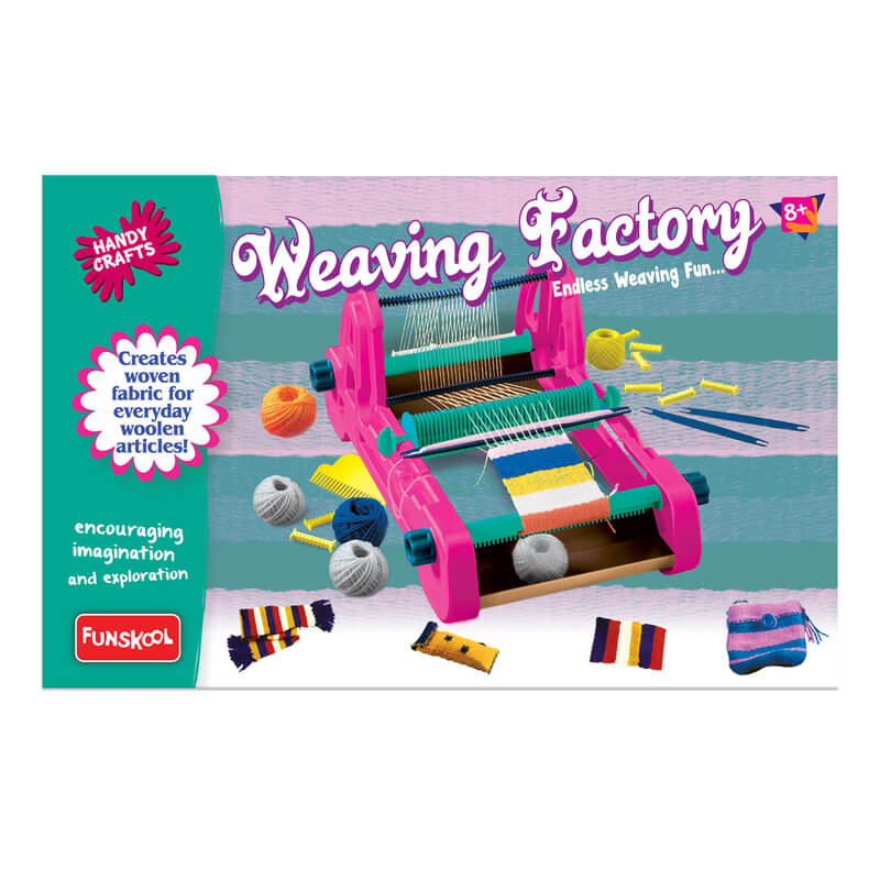 Weaving Factory toy set packaging with colorful loom and yarn on a white background
