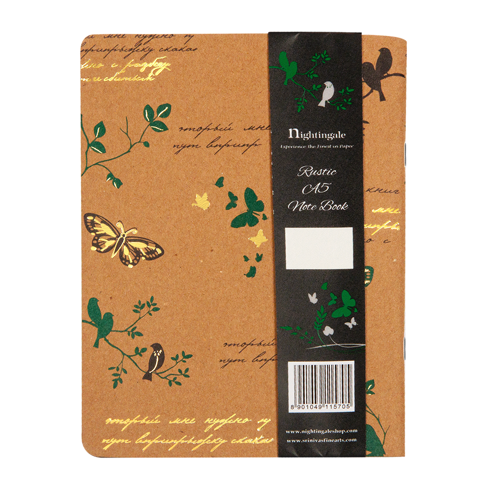 Notebook with decorative cover featuring plants and birds, branded 'Nightingale'.