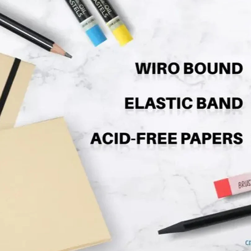 Notebook, markers, and text on a white background about wiro bound elastic band acid-free papers.