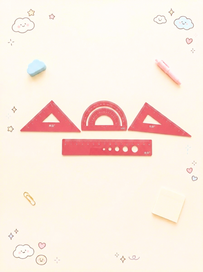 Decorative wallpaper with geometric shapes and stationery items on a light background