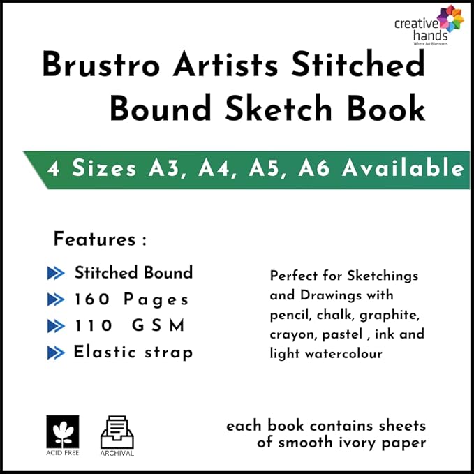 Advertisement for Brustro Artists Stitched Bound Sketch Book with product details on a white background.