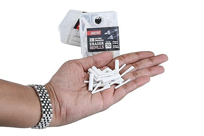 Hand holding white eraser refills with a container labeled 'B battery' on a white background