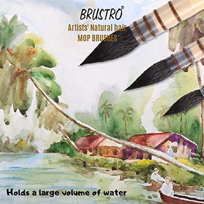BRUSTRO Artist's Natural Hair MOP Brush | Set of 4 - (0, 2, 4, 8) |Synthetic, Round Paint Brush