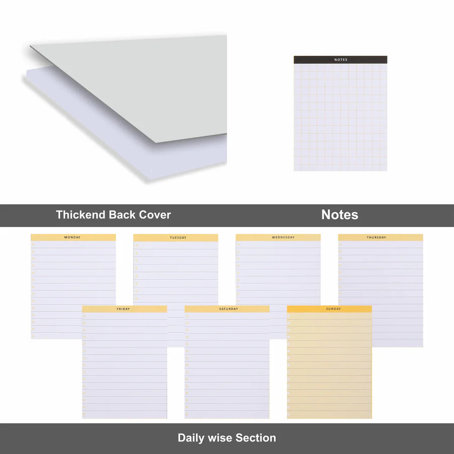Notebook with thickened back cover and daily section layout on a white background