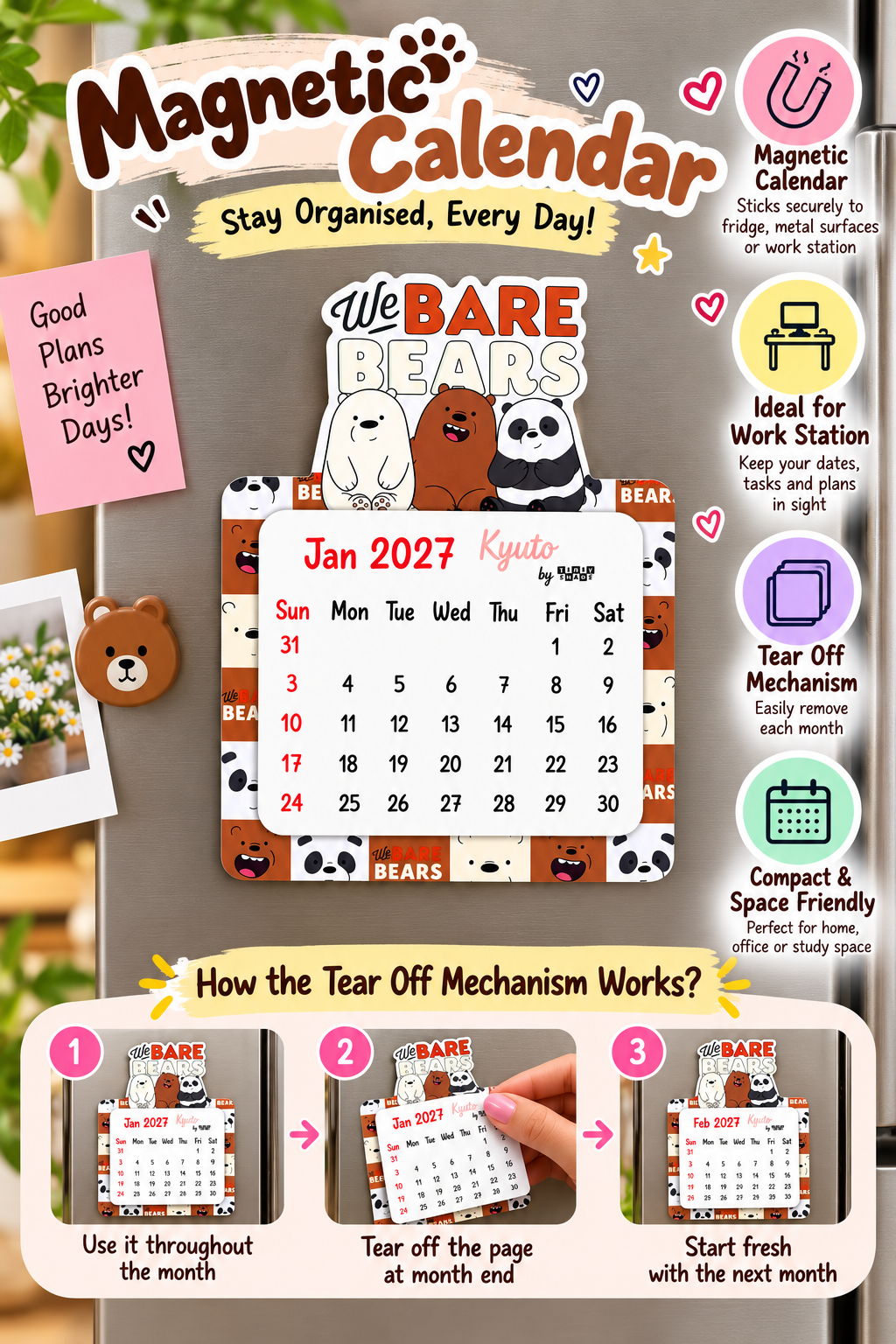 We bare bears Mini Magnetic Calendar for 2027