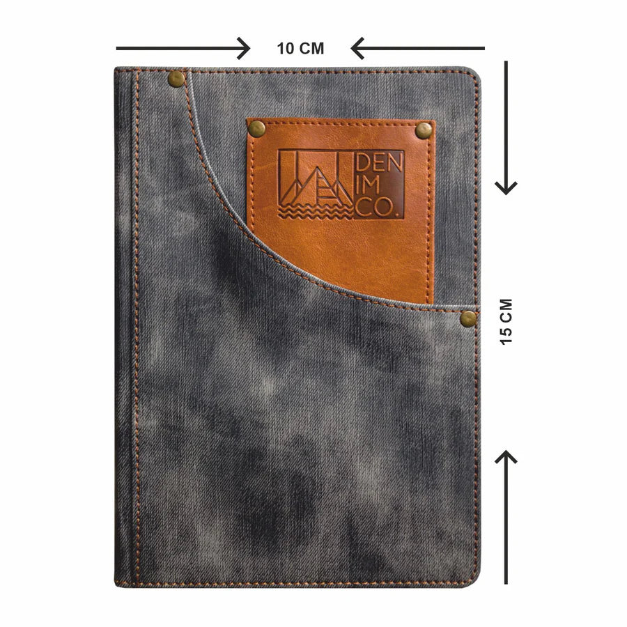 Denim notebook with leather pocket and denim brand logo, shown with measurements on a white background.