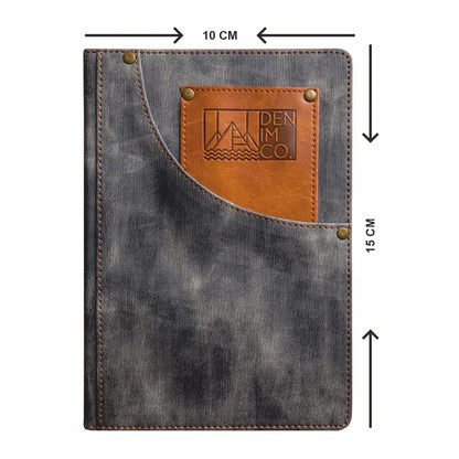 Denim notebook with leather pocket and denim brand logo, shown with measurements on a white background.