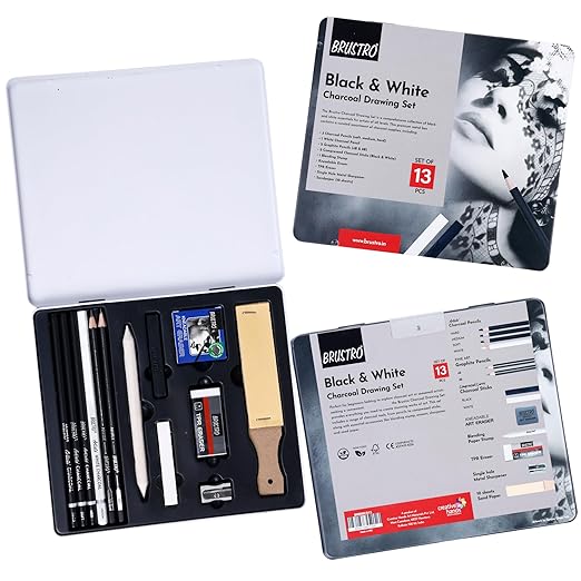 Bristro Black & White Charcoal Drawing Set with packaging on a white background