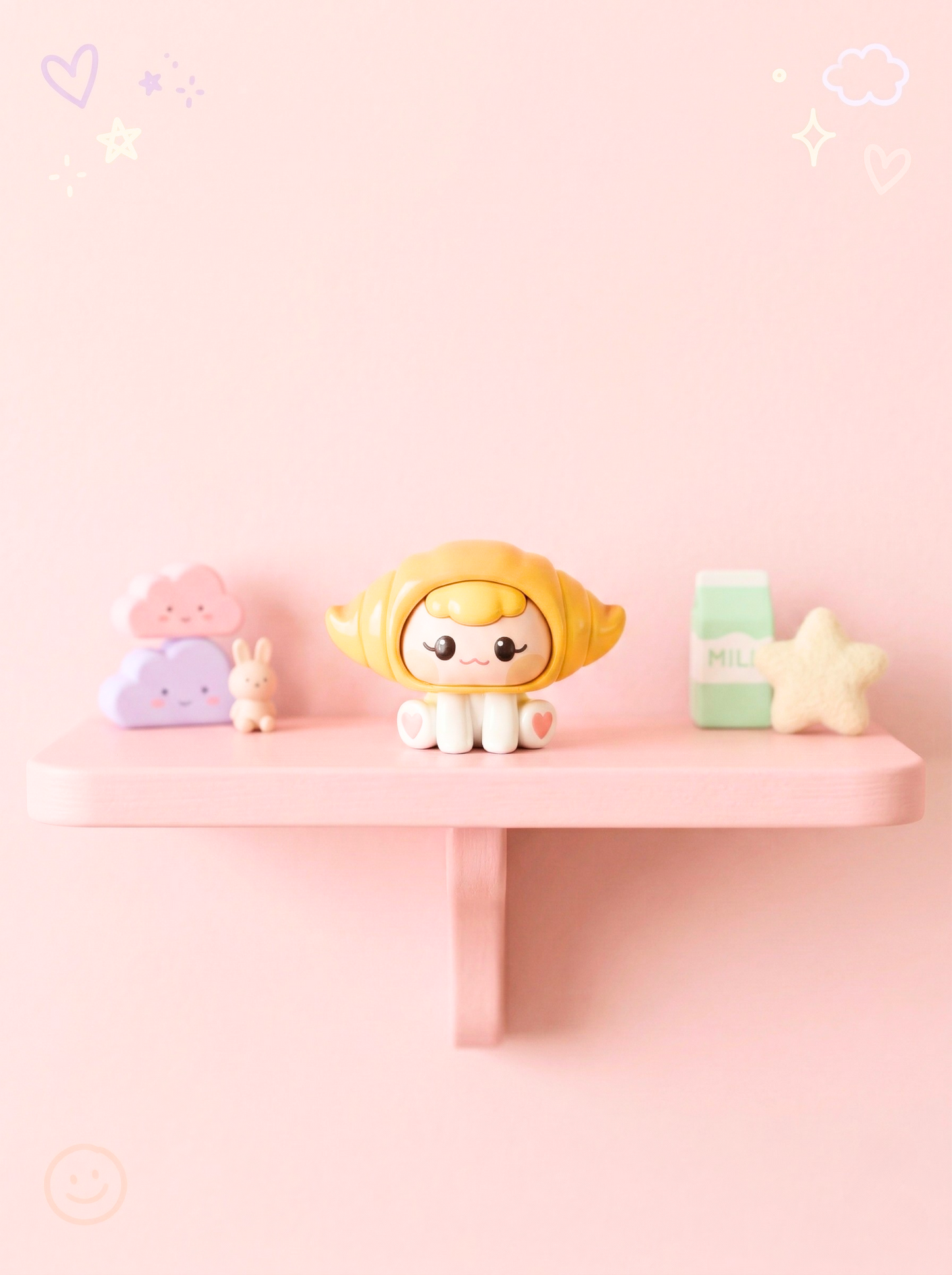 Small figurine with yellow hair on a pink shelf against a light pink background