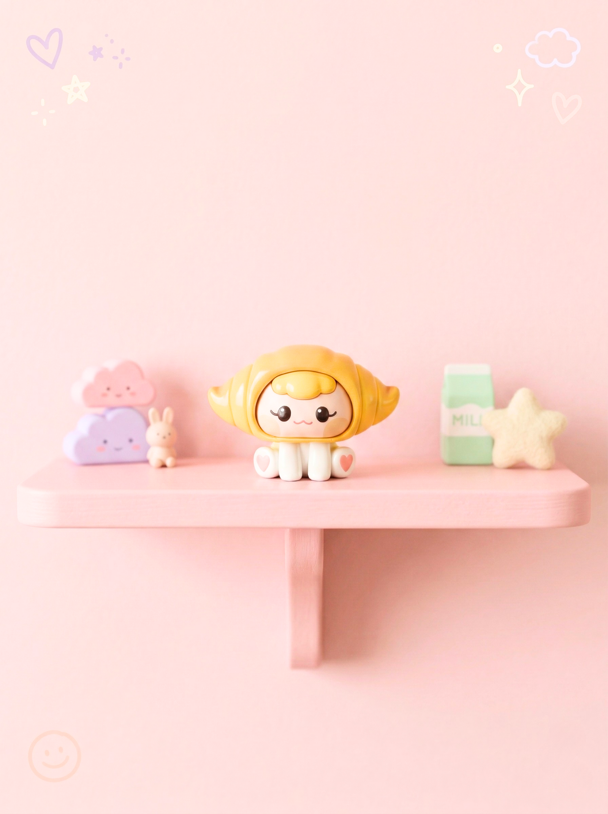 Small figurine with yellow hair on a pink shelf against a light pink background
