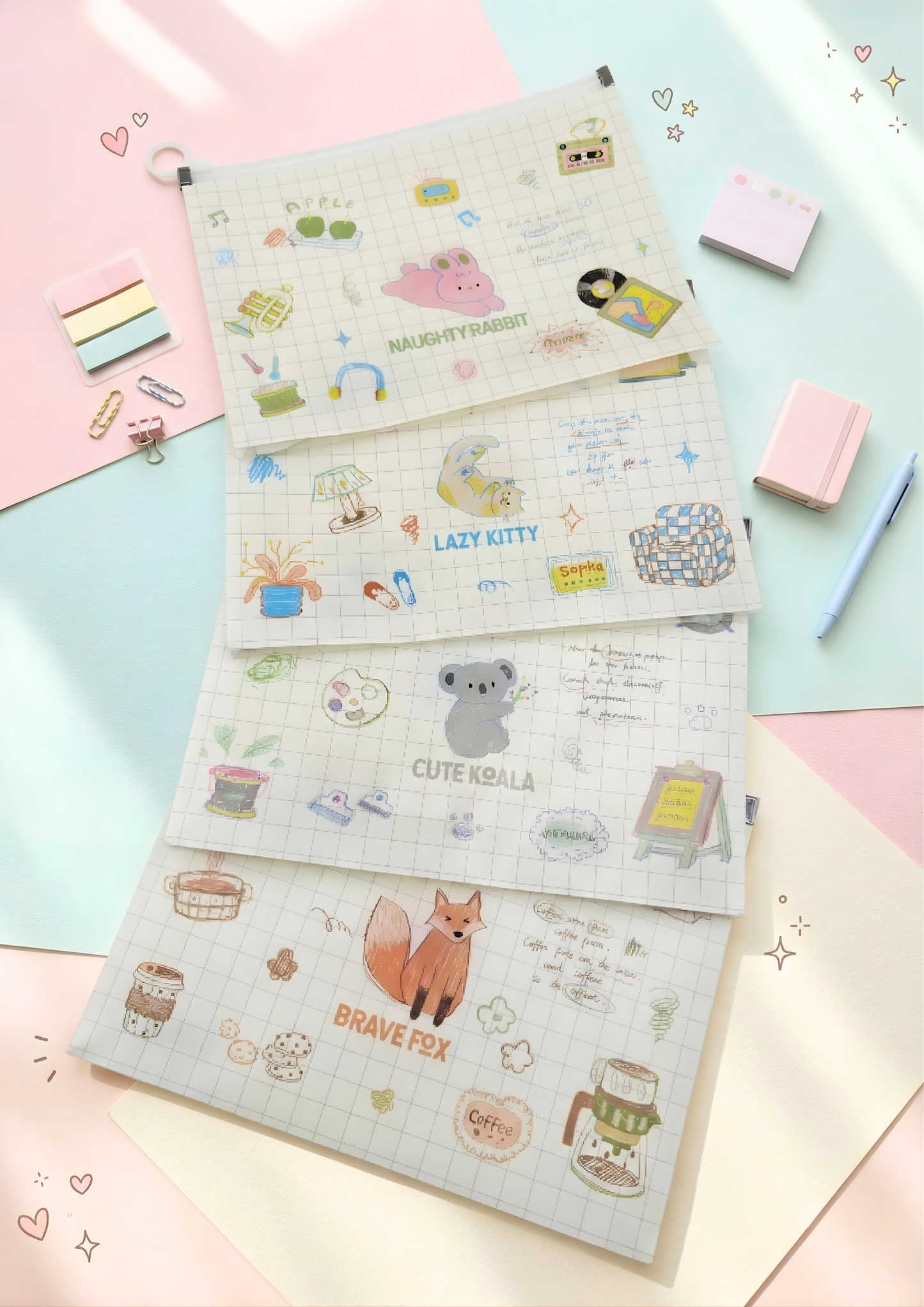 Set of three stationery items with cute illustrations on a colorful background