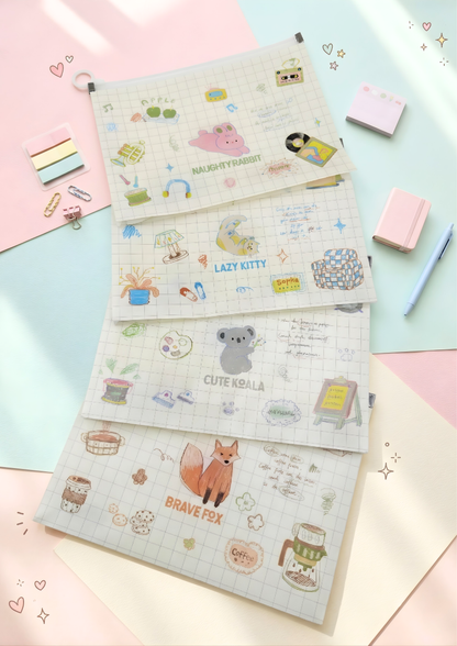Set of three stationery items with cute illustrations on a colorful background