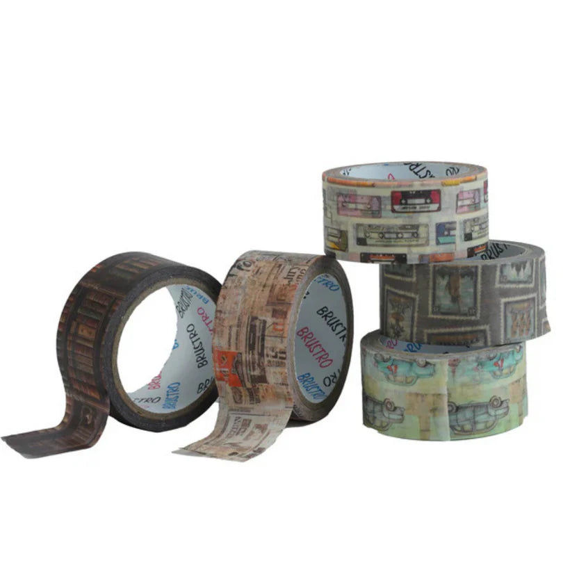 Five rolls of patterned tape stacked on a white background