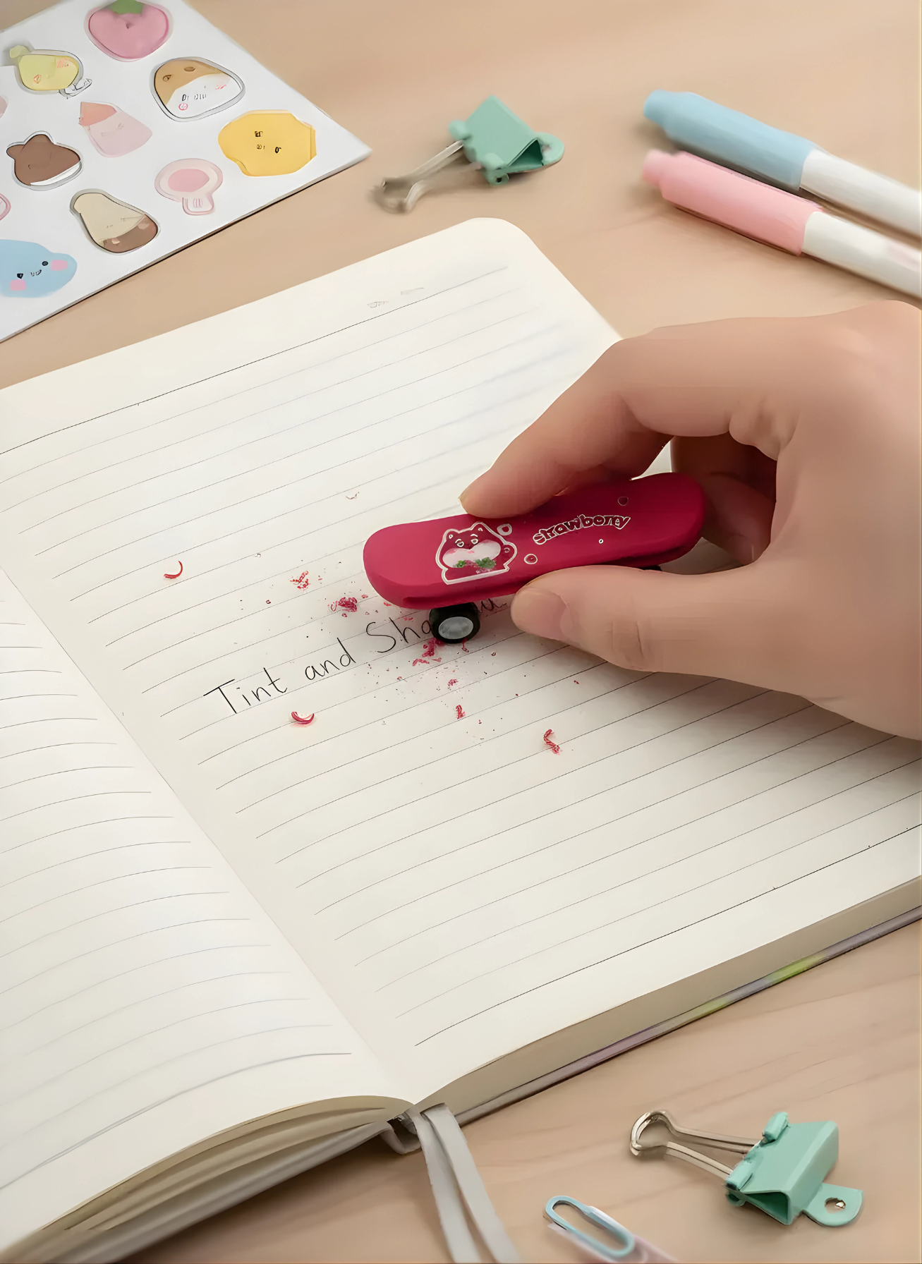 Hand holding a small pink device over an open notebook with stationery items around.