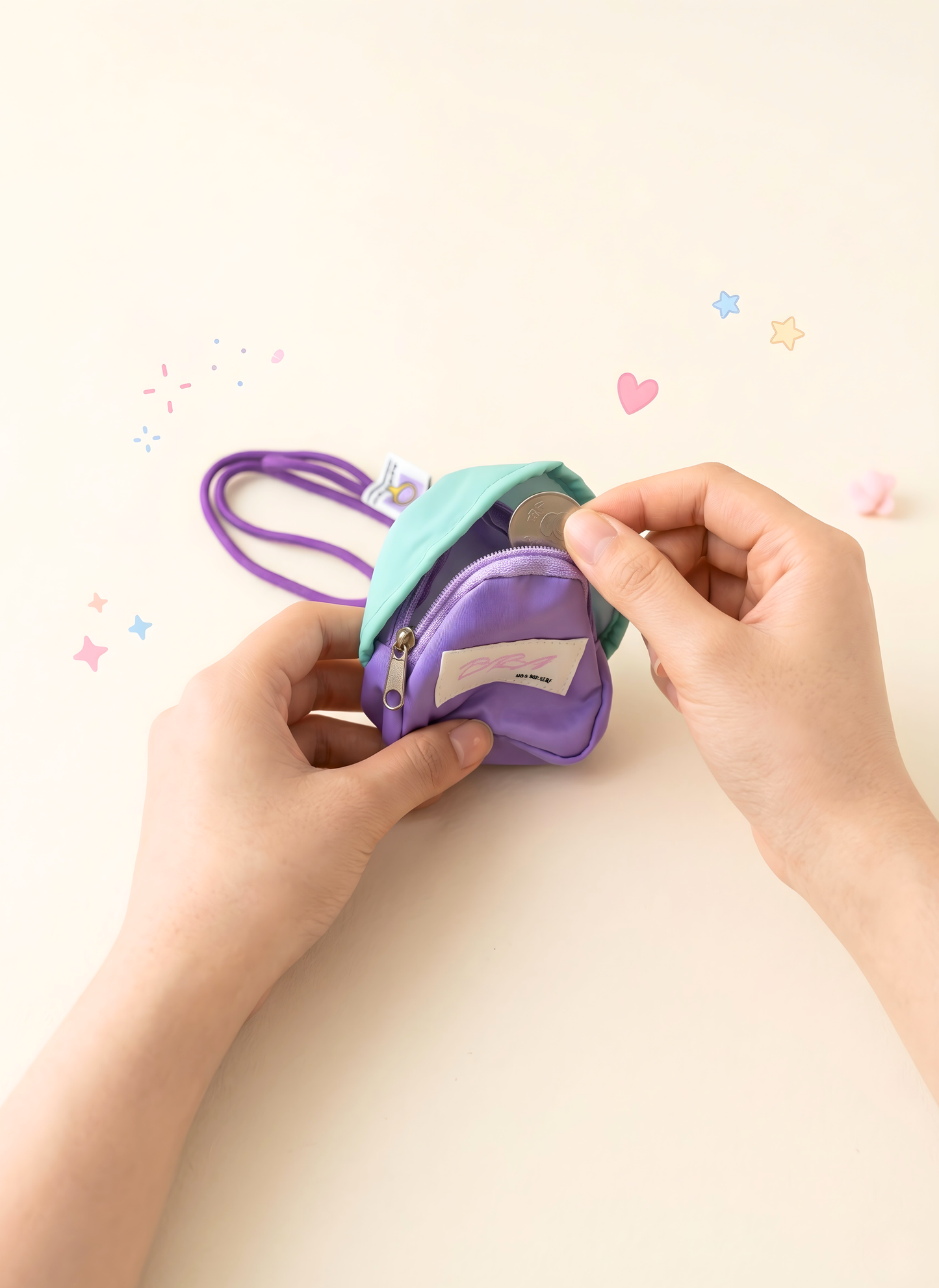 Two small colorful pouches being held by hands on a light background