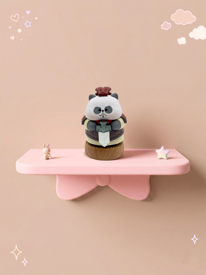 Panda figurine on a pink shelf against a beige background