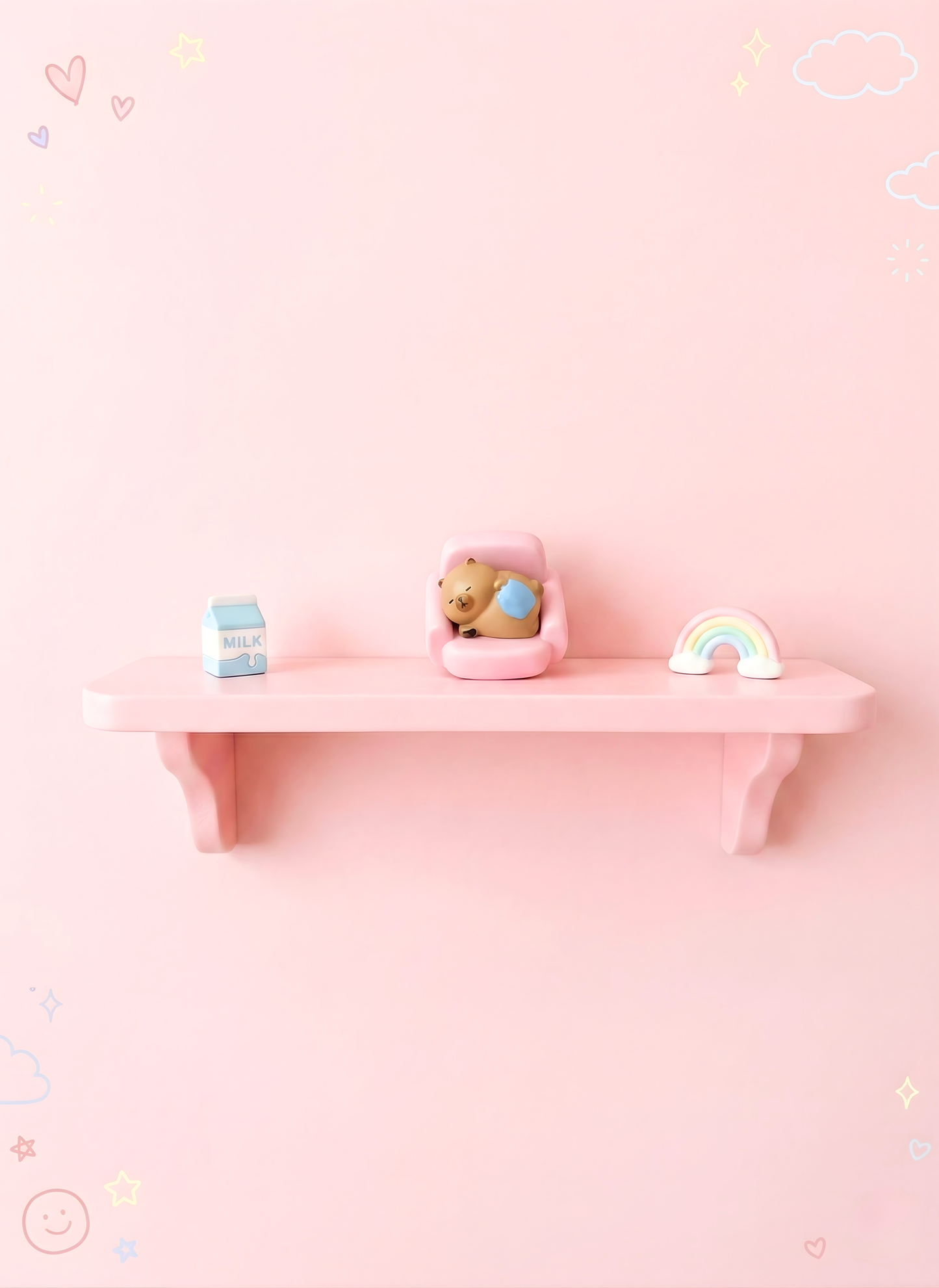 Small pink shelf with decorative items on a pink background