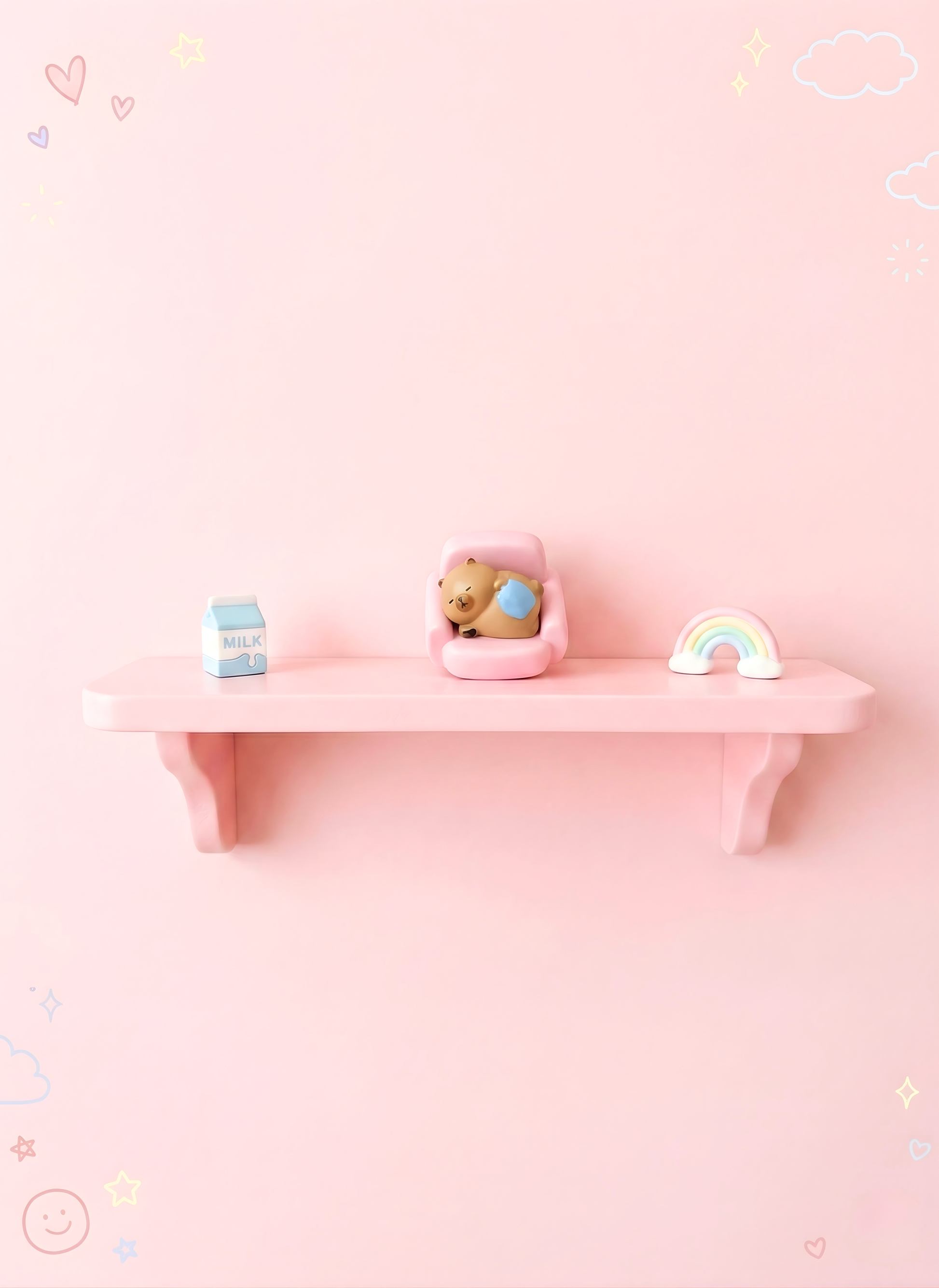Small pink shelf with decorative items on a pink background