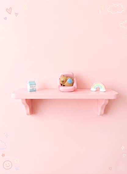 Small pink shelf with decorative items on a pink background