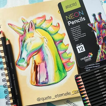 Colorful unicorn drawing on a notebook with Bristro neon pencils packaging.