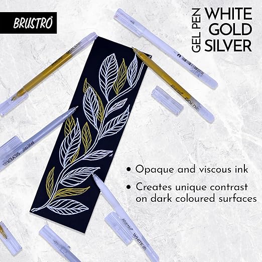 Brustro white gold silver gel pen set with a black card featuring leaf designs on a textured white background.