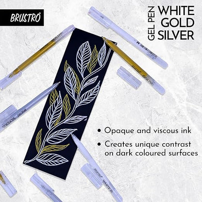 Brustro white gold silver gel pen set with a black card featuring leaf designs on a textured white background.