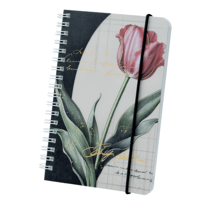 Notebook with a pink tulip design on a white background