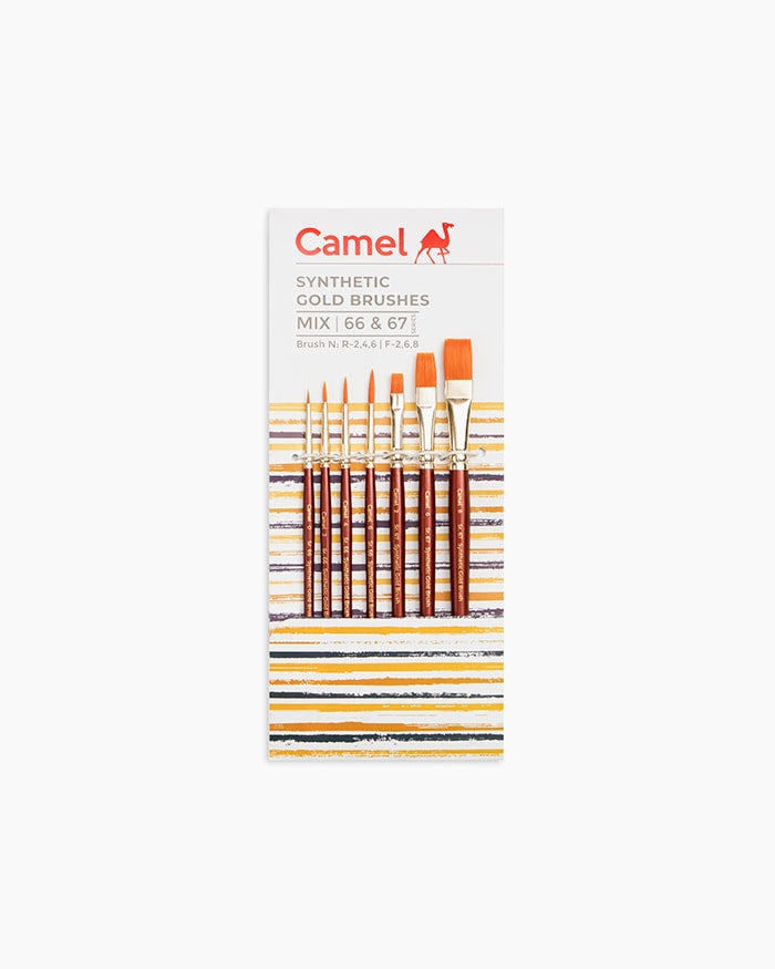 Pack of Camel synthetic gold brushes on a white background
