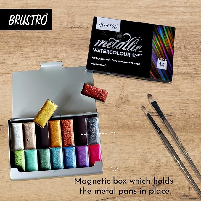 BRUSTRO metallic watercolour set with magnetic box on a wooden surface