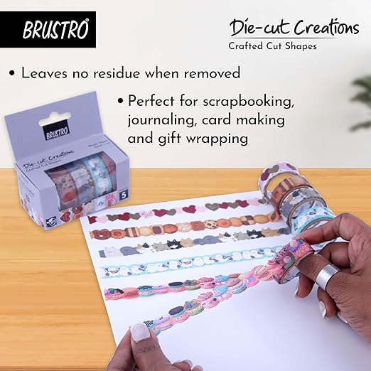 BRUSTRO die-cut creations with packaging and usage on a table