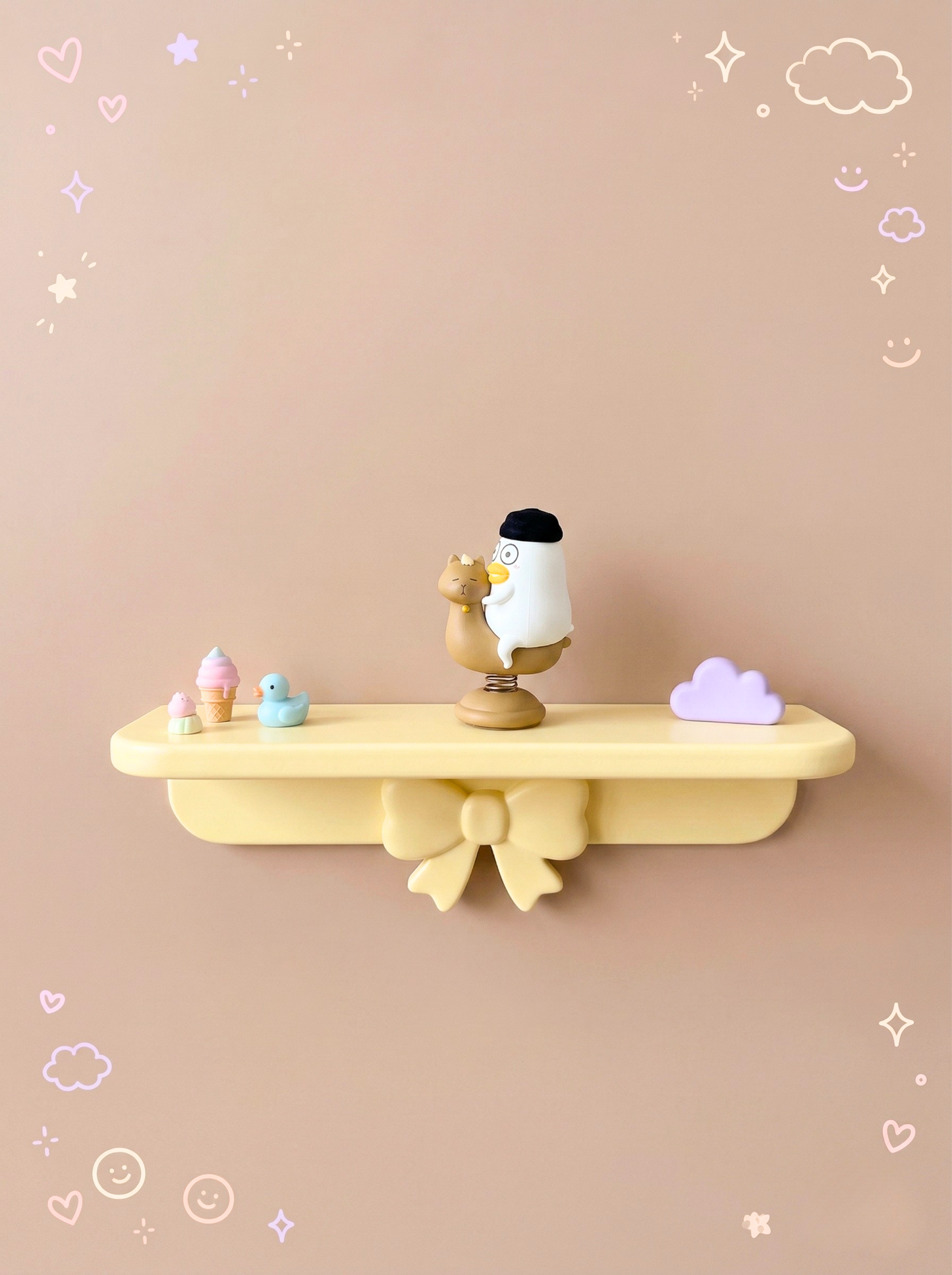 Decorative shelf with a bird figurine on a beige background