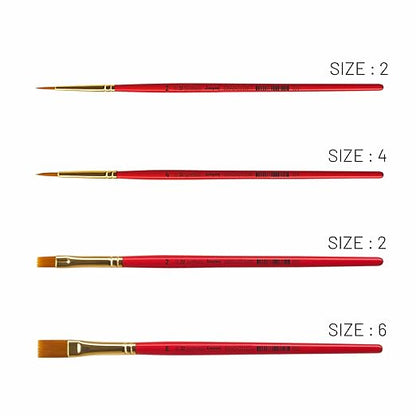 Set of red paintbrushes with gold ferrules and varying sizes on a white background.