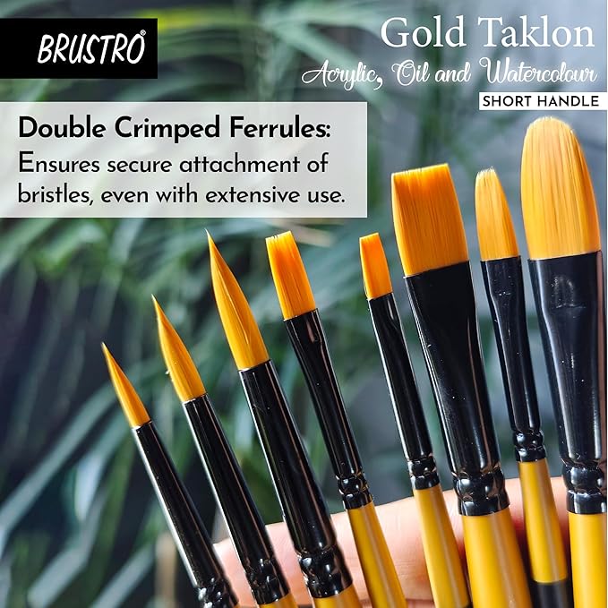 Set of BRUSTRO Gold Taklon paint brushes with text highlighting features.