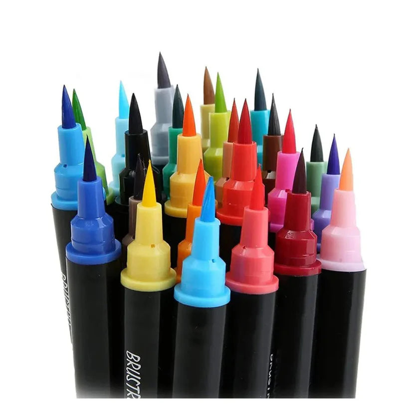 Set of colorful markers with black bodies on a white background