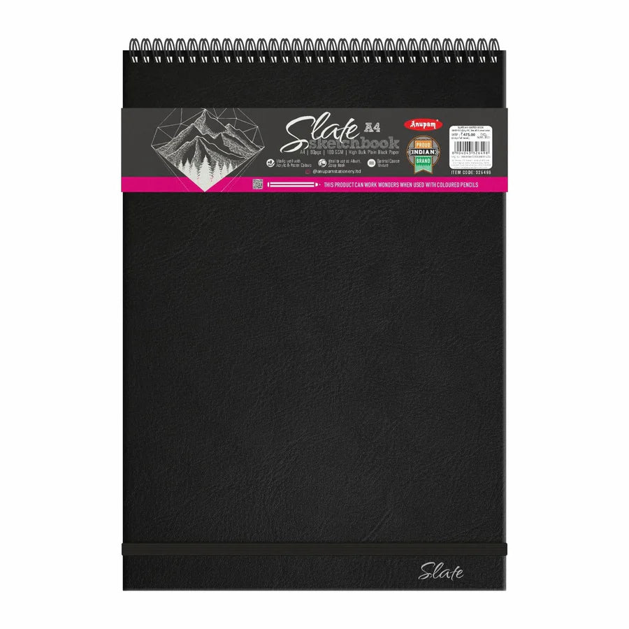 Black spiral-bound notebook with a visible brand label on a white background