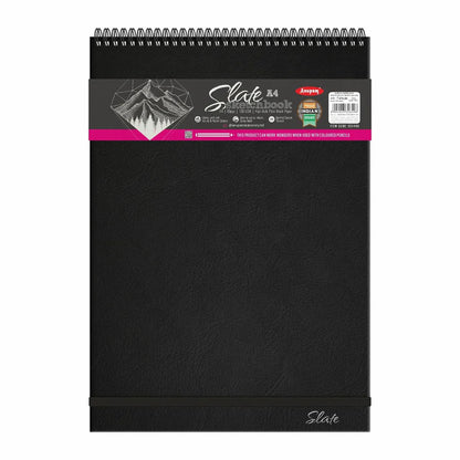 Black spiral-bound notebook with a visible brand label on a white background