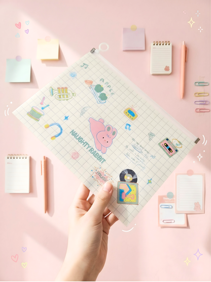 Sheet of stickers with cartoon designs held by a hand on a pink background with stationery items.