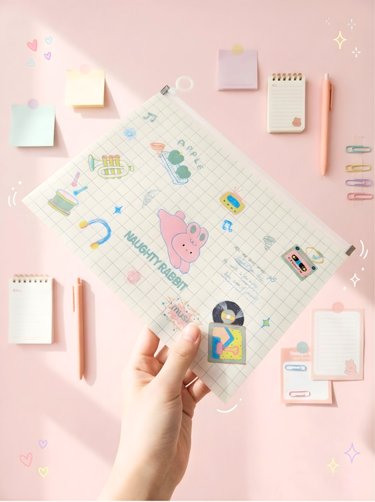 Sheet of stickers with cartoon designs held by a hand on a pink background with stationery items.