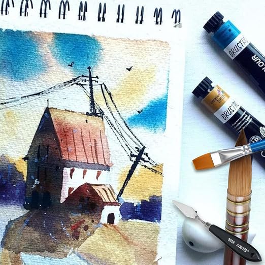 Painting of a house with a brush and paint tubes on a white background