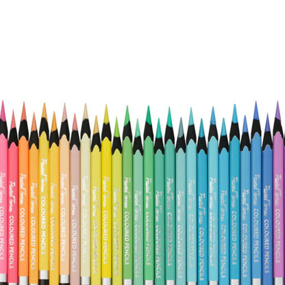 Row of colorful colored pencils on a white background