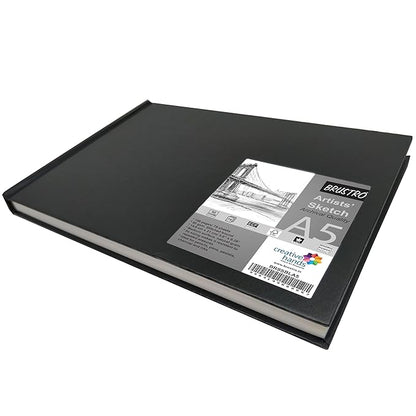 Black sketchbook with a label on a white background