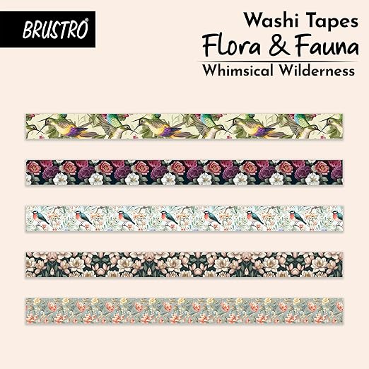 Set of washi tapes with floral and bird designs by Brustro on a beige background.