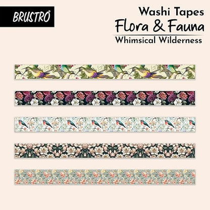 Set of washi tapes with floral and bird designs by Brustro on a beige background.