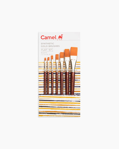 Packaging of Camel synthetic gold brushes with orange bristles on a white background