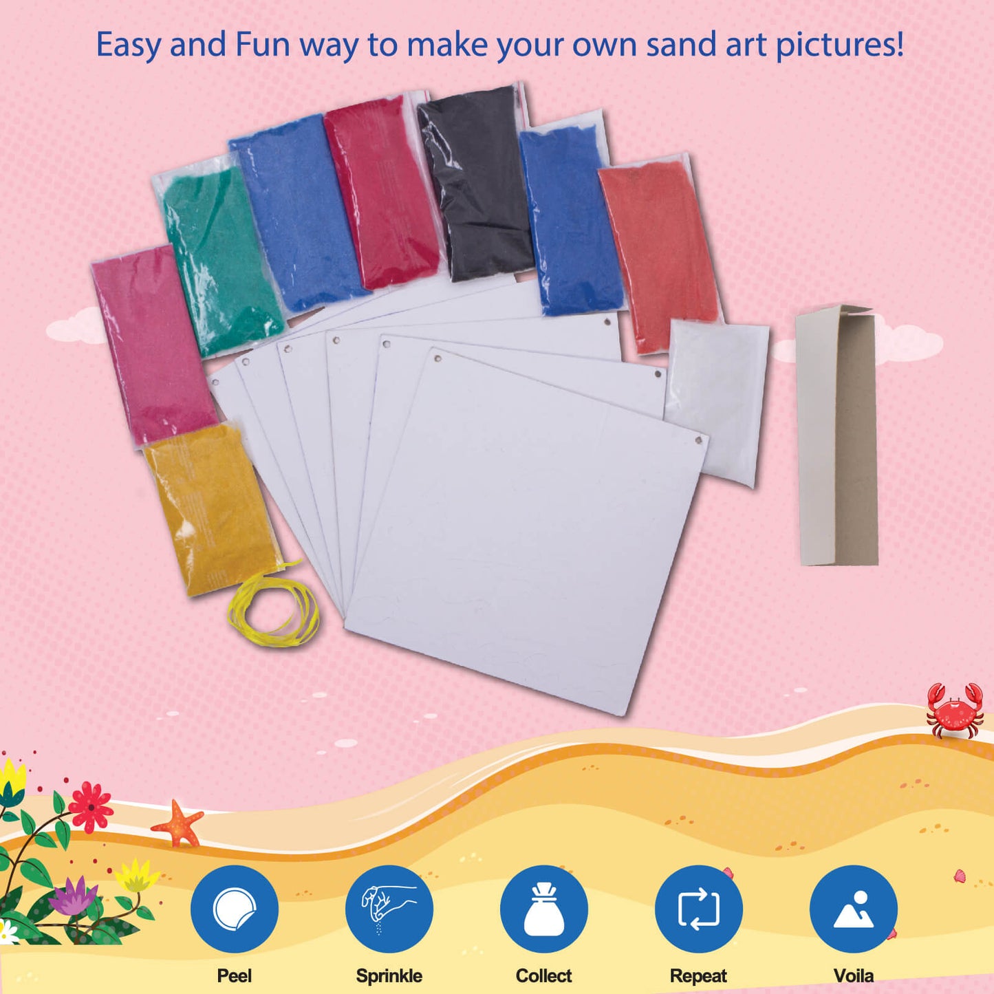 Sand art kit with colored sand packets, paper sheets, and a box on a pink background.