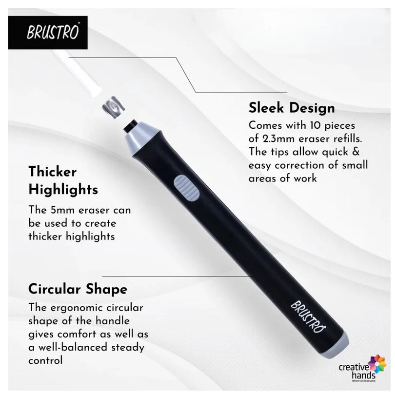 Brustro eraser pen with features highlighted on a white background