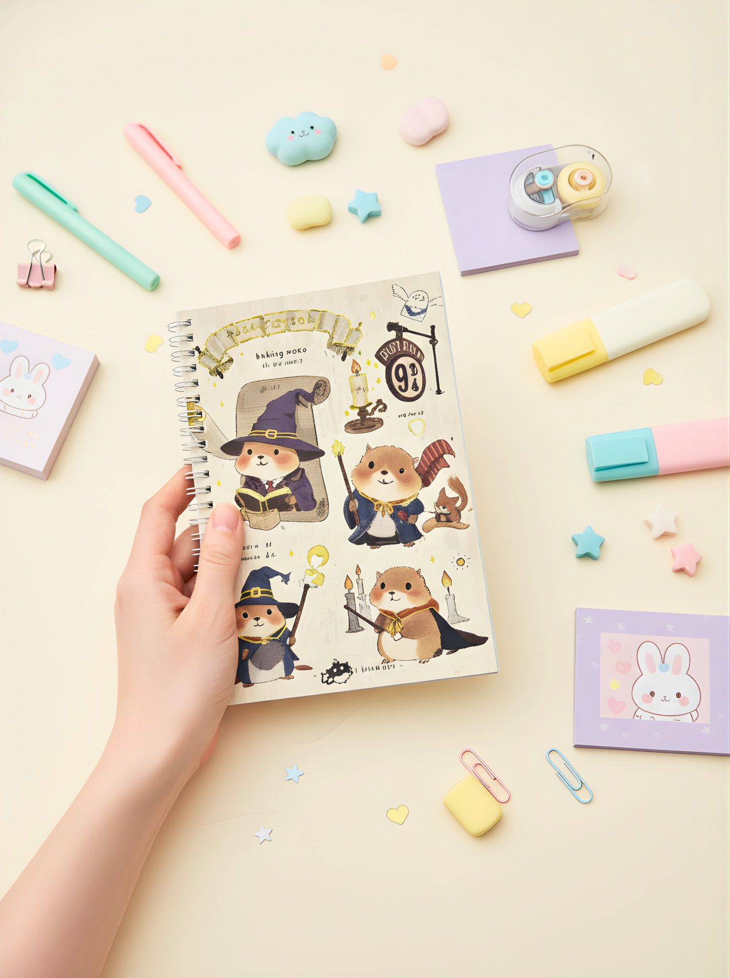 Notebook with cute animal-themed stickers on a pastel-colored background