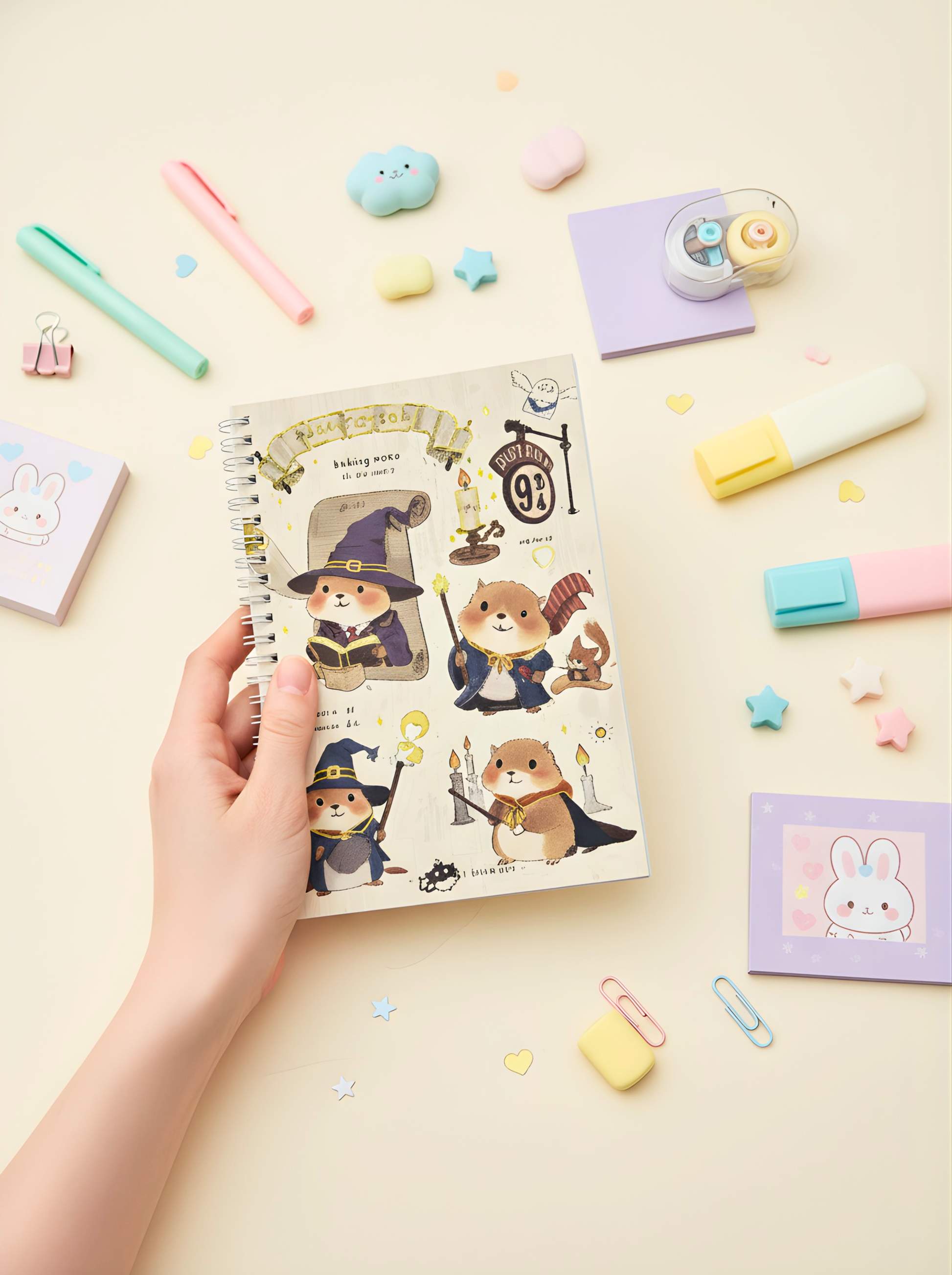 Notebook with cute animal-themed stickers on a pastel-colored background