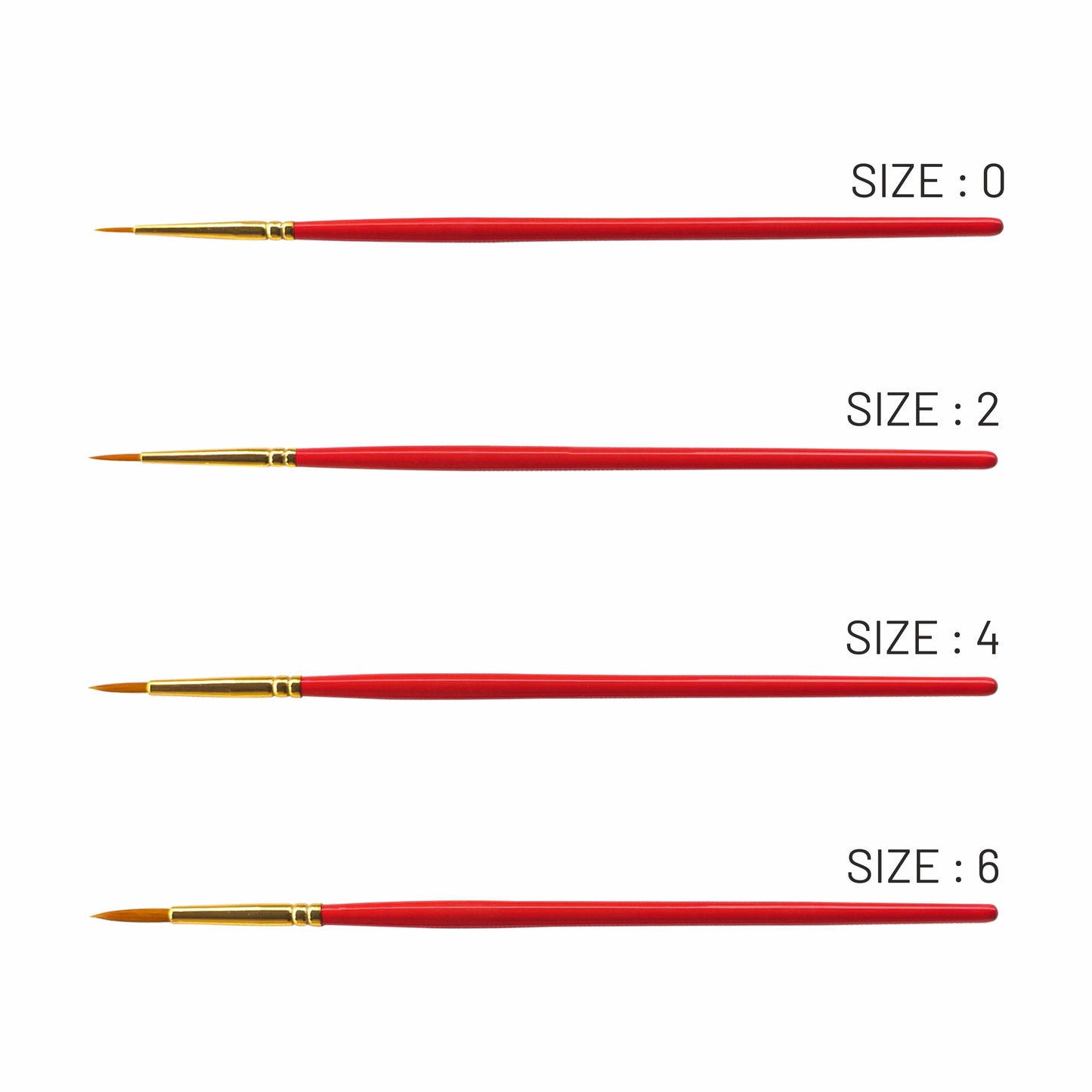 Set of red paint brushes with gold ferrules and handles, labeled with sizes 0, 2, 4, and 6 on a white background.
