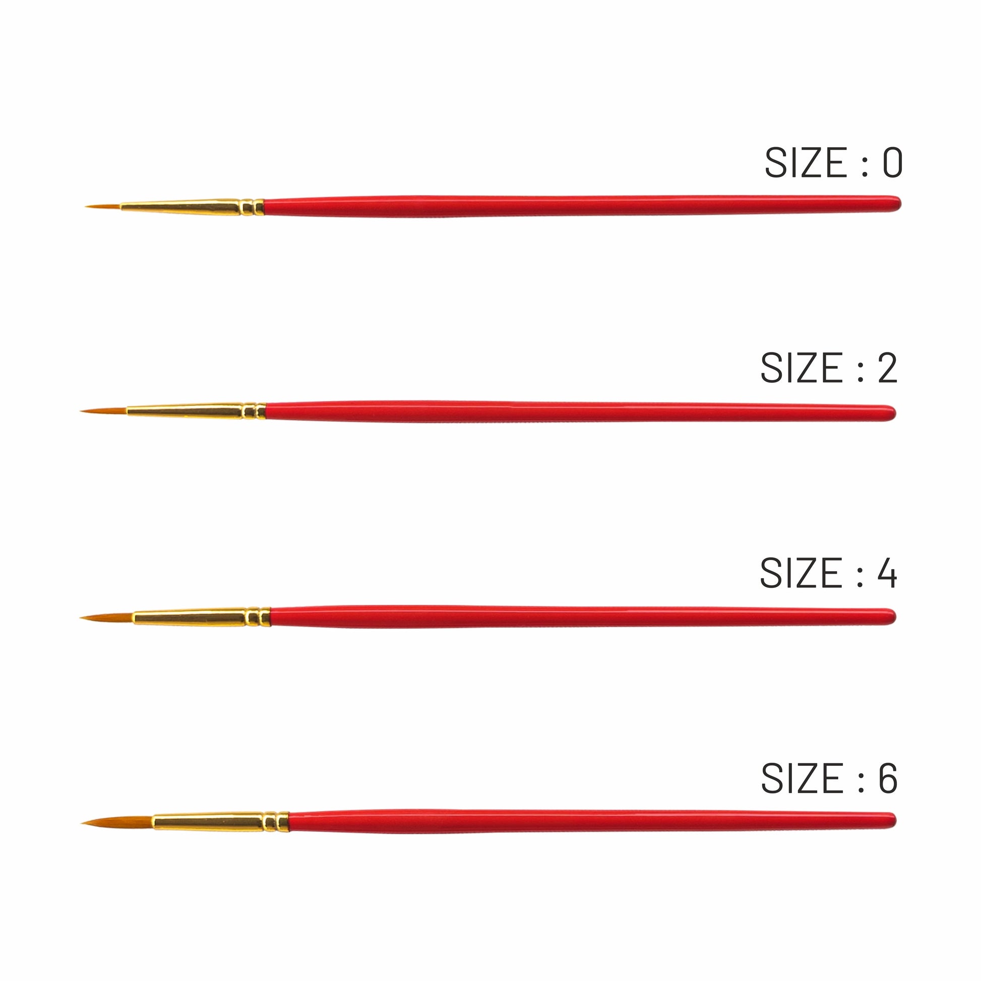 Set of red paint brushes with gold ferrules and handles, labeled with sizes 0, 2, 4, and 6 on a white background.